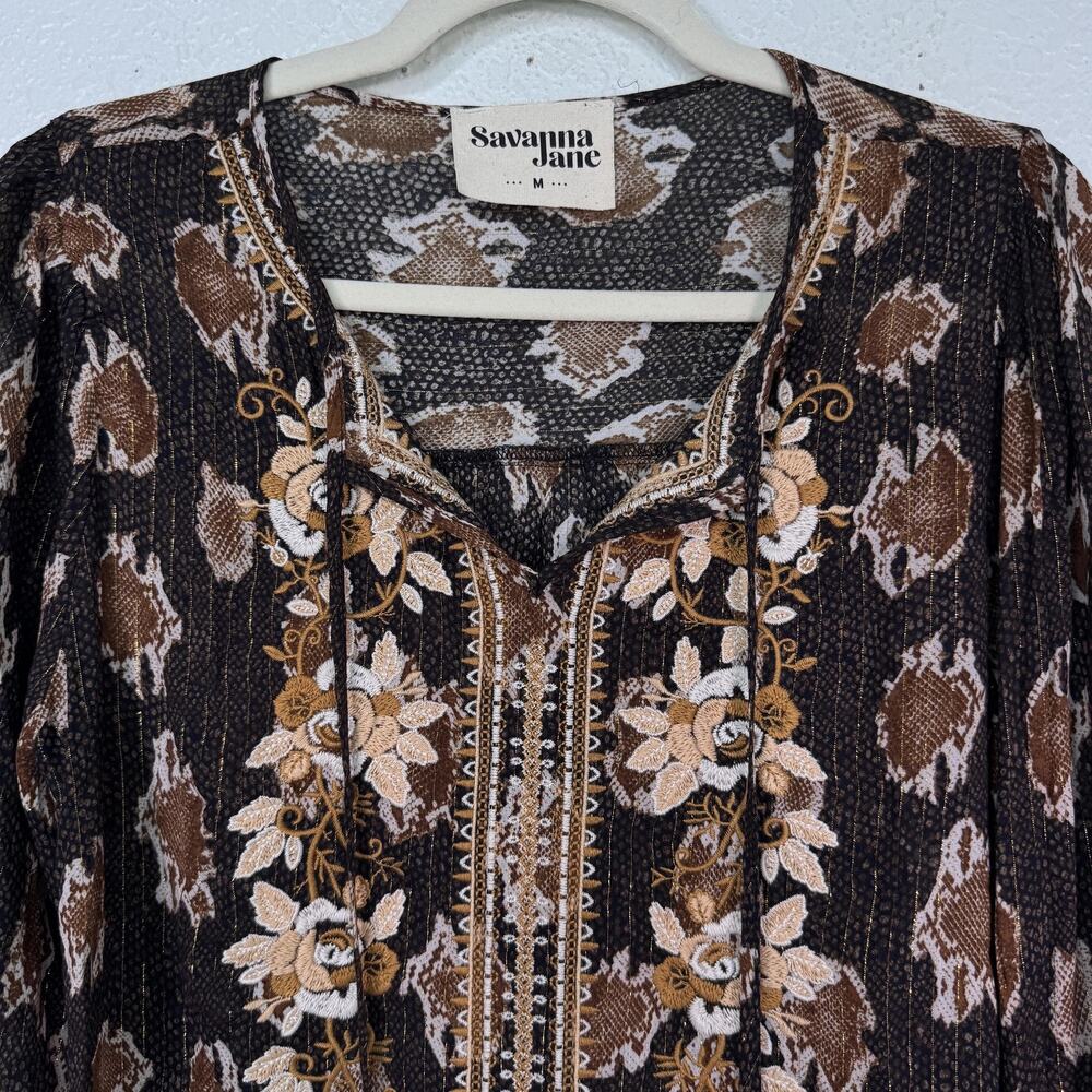 Savanna Jane Top Womens Medium Embroidered Floral Animal Snake Metallic Blouse - Picture 4 of 11